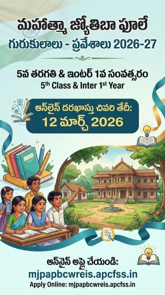 మహాత్మా జ్యోతిబా ఫూలే గురుకులాల్లో ప్రవేశాలకు దరఖాస్తుల ఆహ్వానం