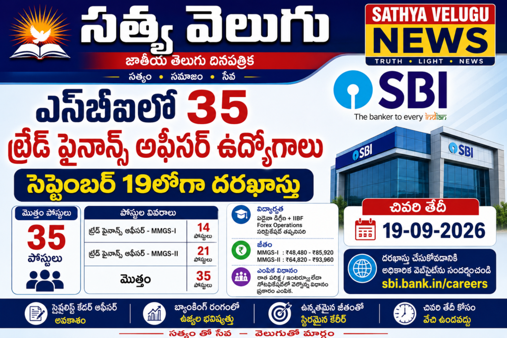 ఎస్‌బీఐలో 35 ట్రేడ్ ఫైనాన్స్ ఆఫీసర్ ఉద్యోగాలు.. సెప్టెంబర్ 19లోగా దరఖాస్తు